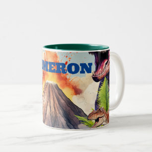 Tasse 2 Couleurs Dinosaures Réalistes et Volcan Nom Personnalisé