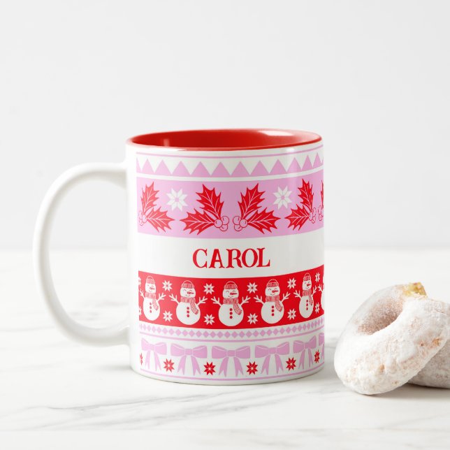 Tasse 2 Couleurs Doux moche avec Snowman rose et rouge (Avec donut)