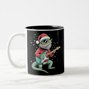 Tasse 2 Couleurs Dragon barbu de Noël jouant de la guitare Musicien