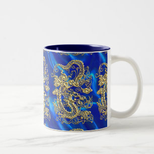 Tasse 2 Couleurs Dragon d'or embouti sur papier satin bleu
