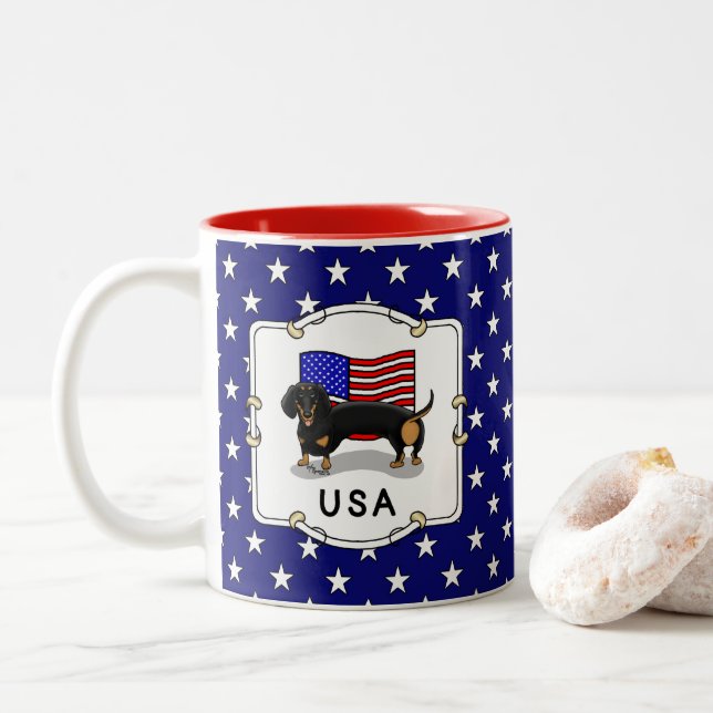Tasse 2 Couleurs Drapeau américain Dachshund Dachsie (noir et bronz (Avec donut)