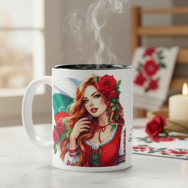 Tasse 2 Couleurs Drapeau Bulgare Tradition Folklore Femme Roses Rou (Créateur téléchargé)