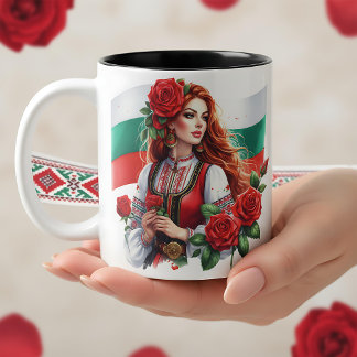 Tasse 2 Couleurs Drapeau Bulgare Tradition Folklore Femme Roses Rou