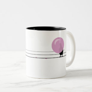 Tasse 2 Couleurs Drôle mignon Bubblegum Birds sur un fil blanc
