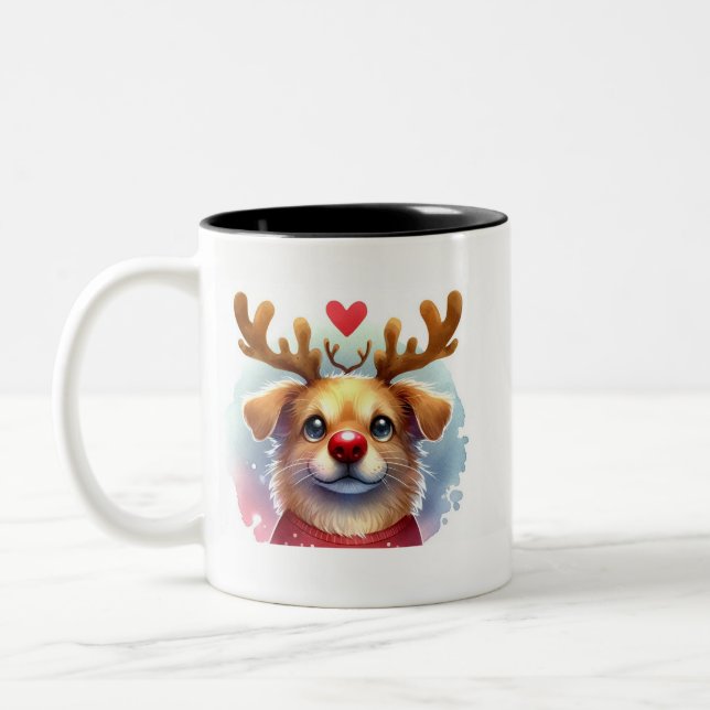 Tasse 2 Couleurs Drôle Père Noël Chien Cerf à nez rouge (Gauche)