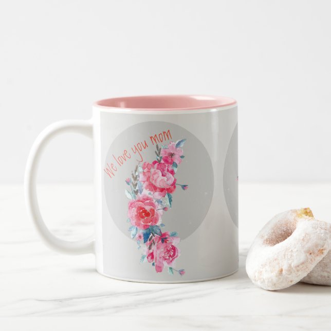 Tasse 2 Couleurs Eau rose fleurs florales (Avec donut)
