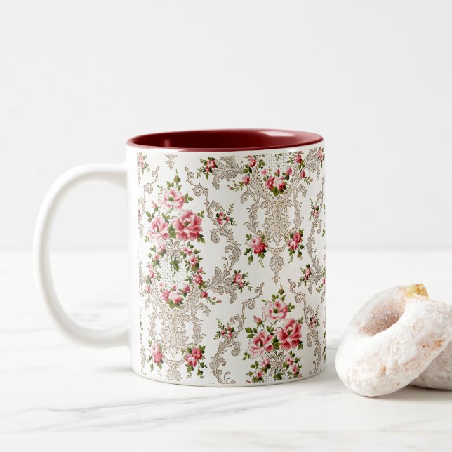 Tasse 2 Couleurs Élégant Arrière - plan Floral-Blanc Rococo (Avec donut)