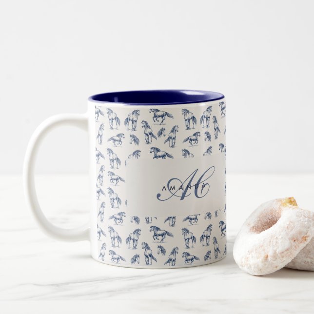 Tasse 2 Couleurs Élégant Cheval Bleu Monogramme Cadeaux Initiaux (Avec donut)