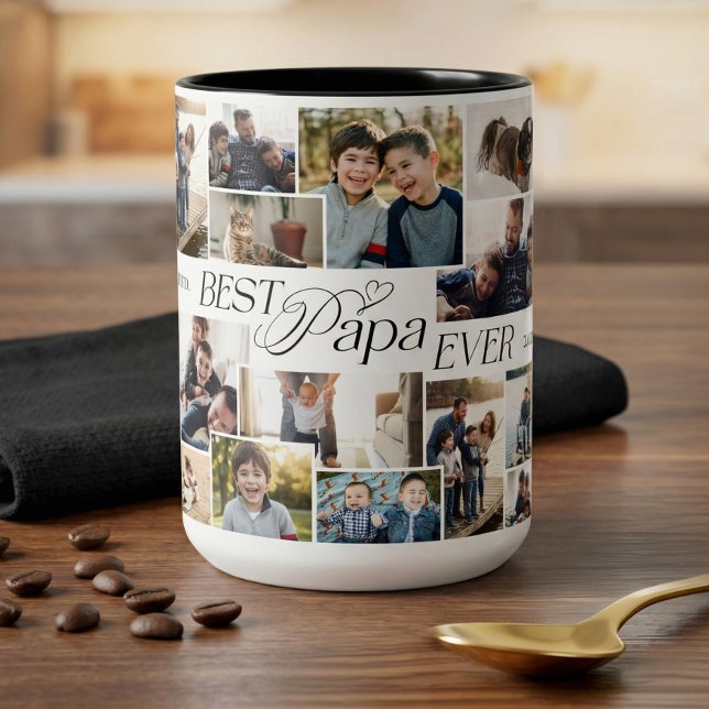 Tasse 2 Couleurs Elegant Fathers Day Best Papa Ever Photo Collage (Elegant Fathers Day Best Papa Ever Photo Collage Two-Tone Coffee Mug)