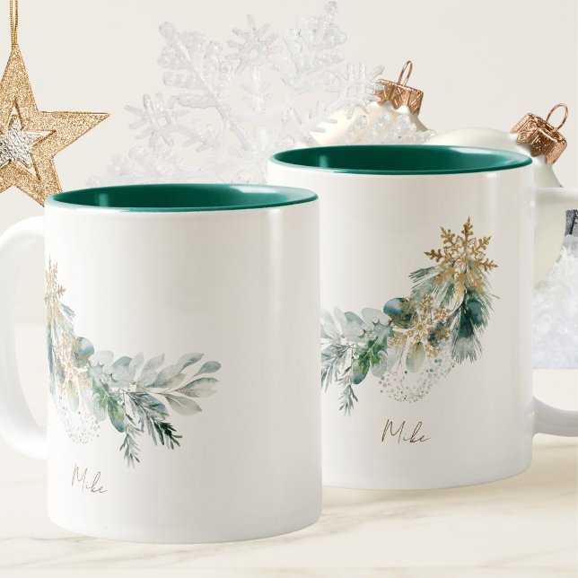 Tasse 2 Couleurs Élégant feuillage vert d'hiver à l'aquarelle pour  (Créateur téléchargé)