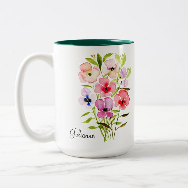 Tasse 2 Couleurs Élégant Fleur sauvage aquarelle avec nom (Gauche)