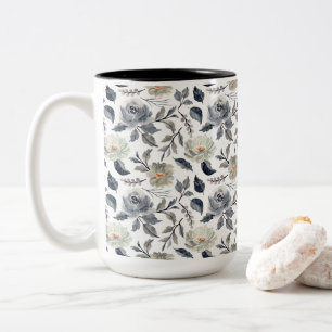Tasse 2 Couleurs Élégant floral botanique à l'aquarelle bleu gris v
