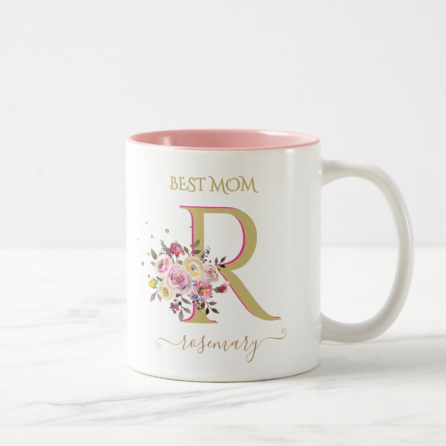 Tasse 2 Couleurs Élégant Floral Or rose Personnalisé Monogramme Nom (Droit)