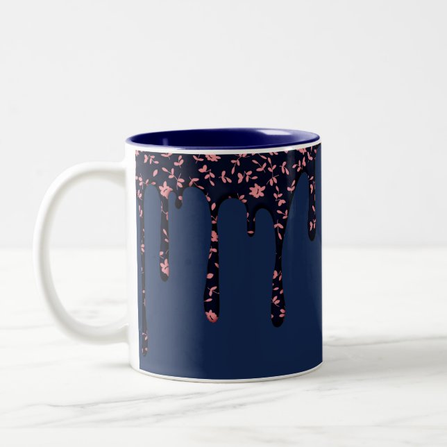 Tasse 2 Couleurs Elégant Marine Bleu Paint Drip Floral Rose Fleurs (Gauche)