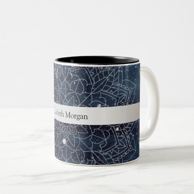 Tasse 2 Couleurs Elégant moderne en argent Mandala Stripe Navy bleu (Devant droit)