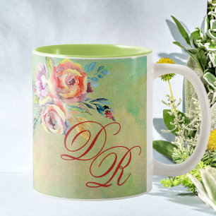 Tasse 2 Couleurs Élégant monogramme floral aquarelle