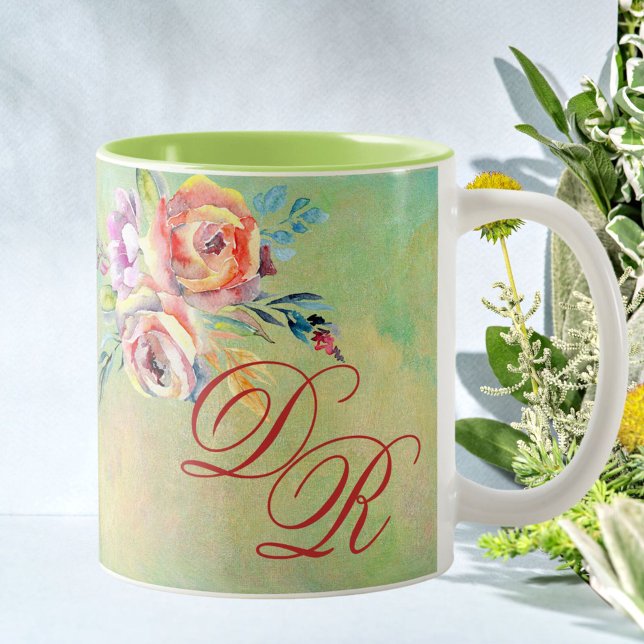 Tasse 2 Couleurs Élégant monogramme floral aquarelle (Créateur téléchargé)