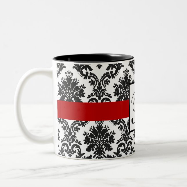 Tasse 2 Couleurs Élégant noir blanc rouge Damas Monogramme (Gauche)