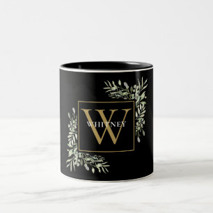Tasse 2 Couleurs Élégant Noir Monogramme Vert Floral