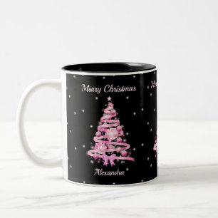 Tasse 2 Couleurs Élégant sapin rose de Noël Nom personnalisé Noir