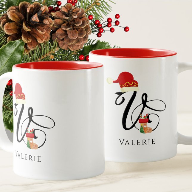 Tasse 2 Couleurs Élégant script monogramme initial V Noël (Créateur téléchargé)