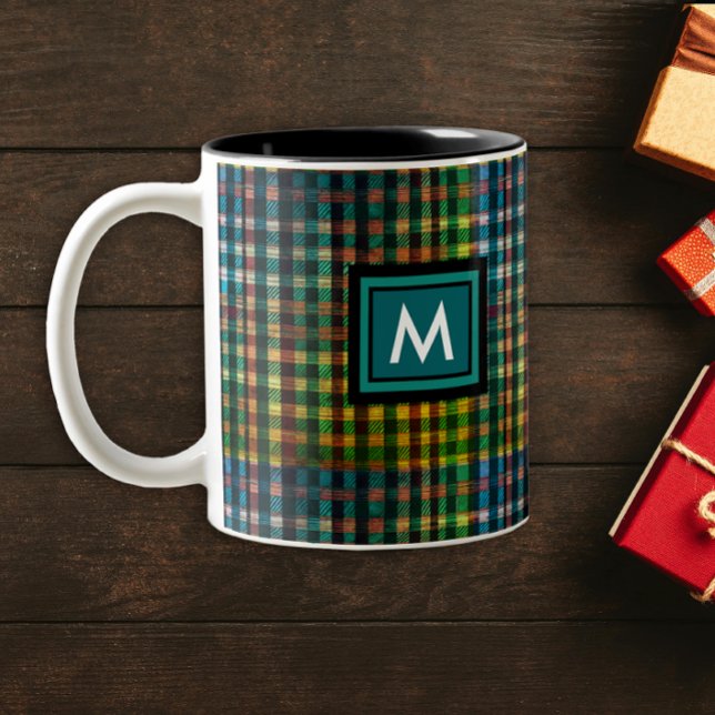 Tasse 2 Couleurs Élégant Tartan Vert écossais Motif Monogramme (Créateur téléchargé)