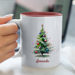 Tasse 2 Couleurs Elégant vert aquarelle sapin Noël