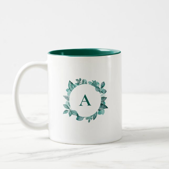 Tasse 2 Couleurs Elégant vert Turquoise Aquarelle Monogramme (Gauche)