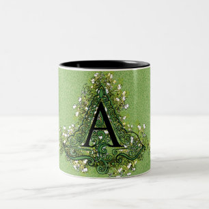 Tasse 2 Couleurs Élégant vert Vintage Floral initial Un monogramme