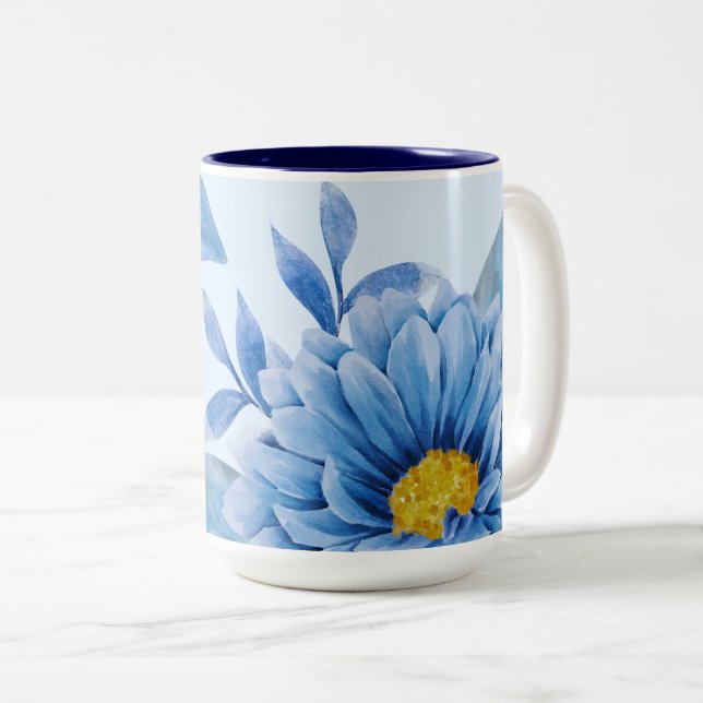 Tasse 2 Couleurs Elégante aquarelle bleue florale (Devant droit)