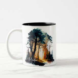 Tasse 2 Couleurs Elégante aquarelle peinture de la forêt au coucher