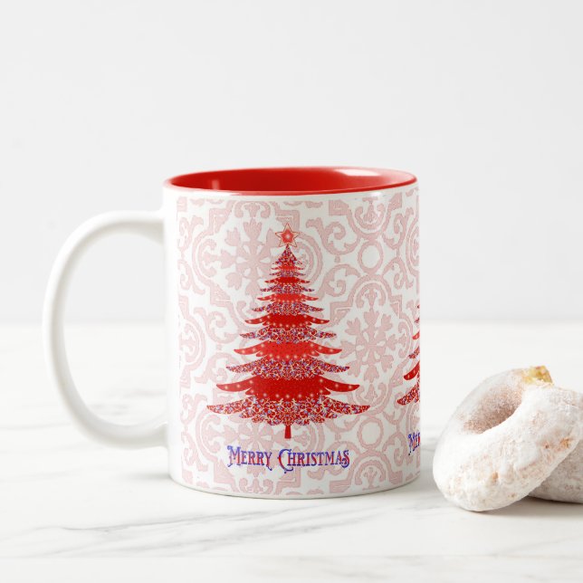 Tasse 2 Couleurs Élégants flocons rouges de Noël (Avec donut)
