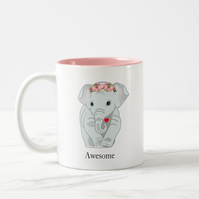 Tasse 2 Couleurs Eléphant mignon avec couronne de fleurs tenant un  (Gauche)