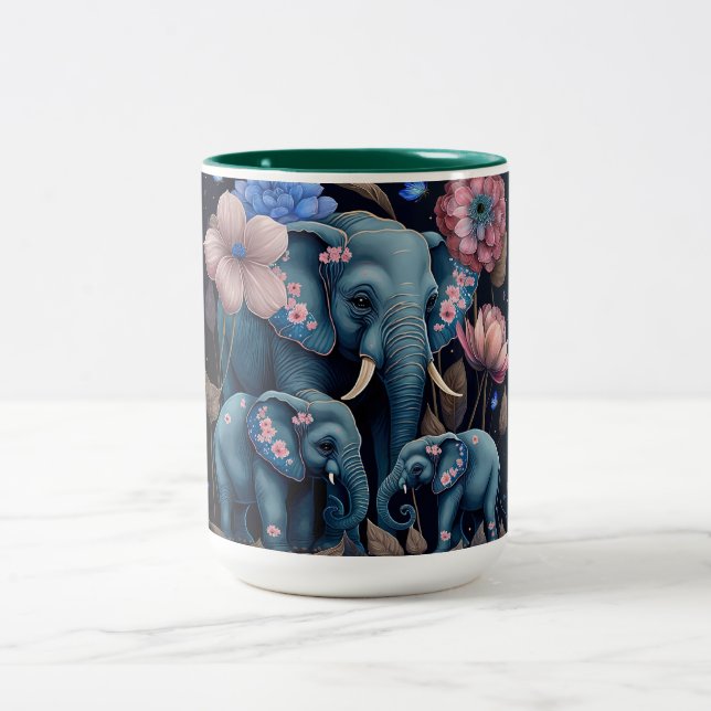 Tasse 2 Couleurs Eléphants bleus et fleurs roses (Centre)