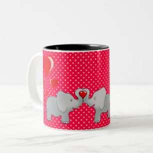 Tasse 2 Couleurs Eléphants romantiques et Coeurs rouges sur Pois