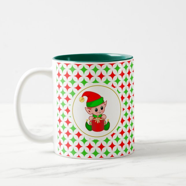 Tasse 2 Couleurs Elfe de Noël sur Green & Red Diamond Star Motif (Gauche)