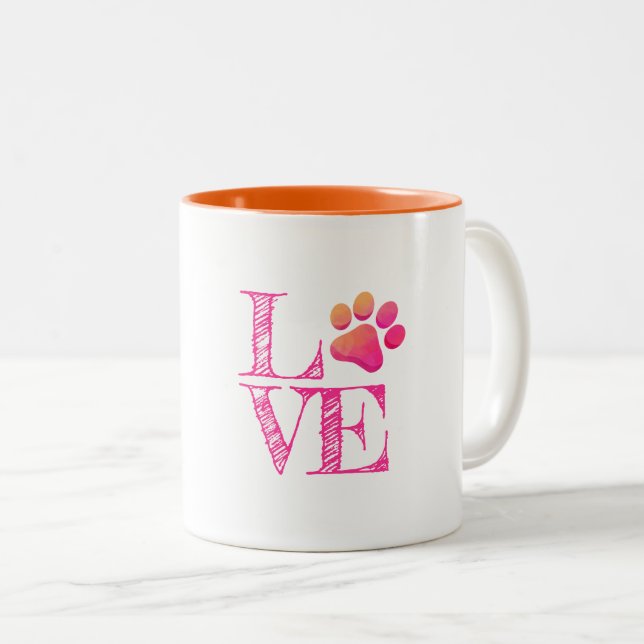 Tasse 2 Couleurs Empreinte de patte LOVE Rose Orange Famille Animau (Devant droit)