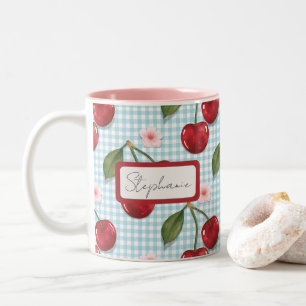 Tasse 2 Couleurs En vichy Bleu Rustique Et Monogramme De Cerises