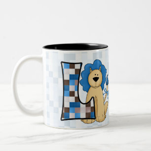 Tasse 2 Couleurs Enfants Lion bleu Monogramme Grosse lettre L avec