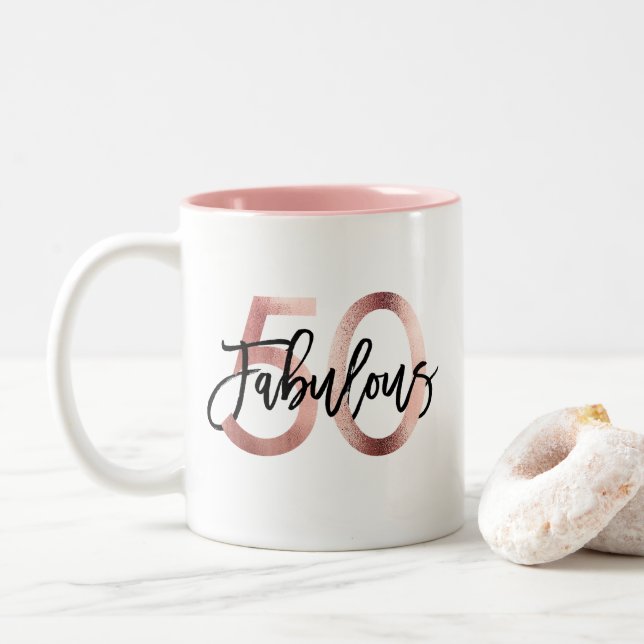 Tasse 2 Couleurs Fabuleux 50ème | Moderne Elegant Rose Gold Anniver (Avec donut)