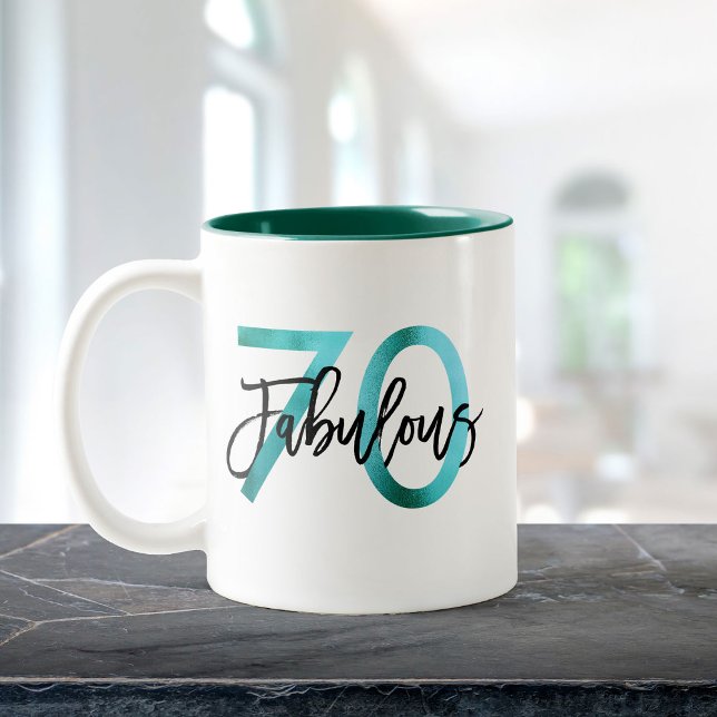 Tasse 2 Couleurs Fabuleux 70e | Moderne Elégant Turquoise Vert Anni (Créateur téléchargé)