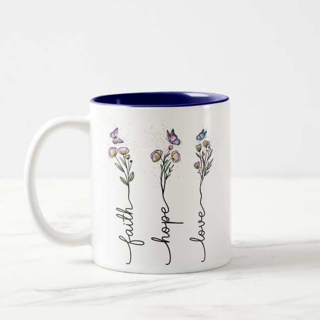 Tasse 2 Couleurs Faith Hope love Fleur sauvage Citation (Gauche)