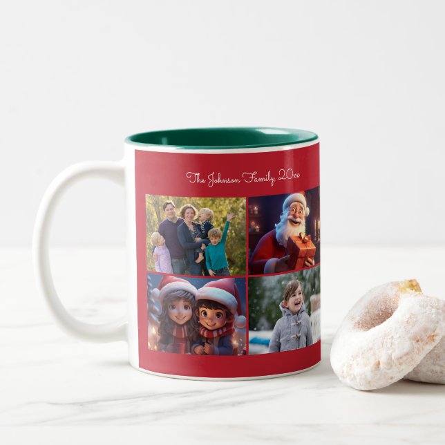 Tasse 2 Couleurs Famille de photos de Noël Rouge (Avec donut)