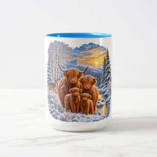 Tasse 2 Couleurs Famille de vaches des Highlands Montagne enneigée 