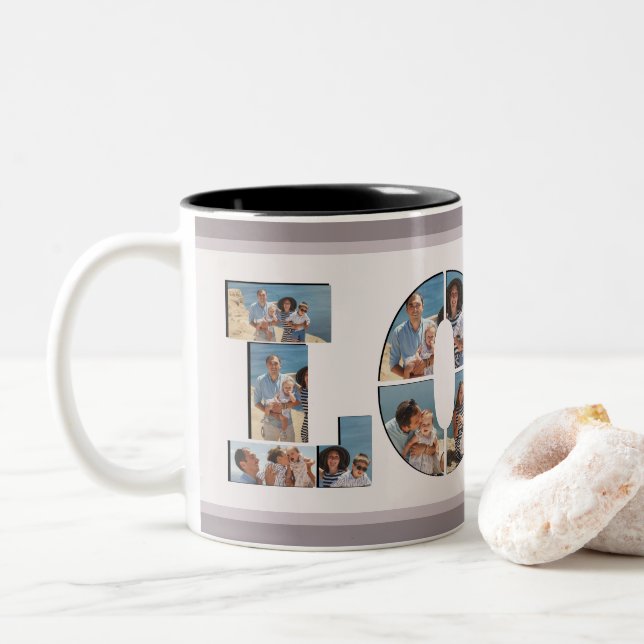 Tasse 2 Couleurs FAMILLE Photo Collage Love Script Modern Keepsar (Avec donut)