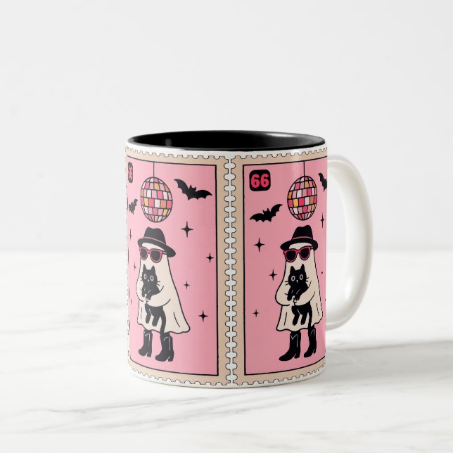 Tasse 2 Couleurs Fantôme Disco Rétro avec Stand Halloween Chat Noir (Devant droit)