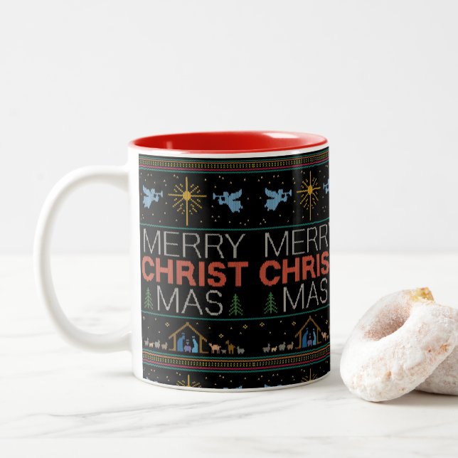 Tasse 2 Couleurs Fausse Joyeux CHRISTmas Sweater Knit Religion (Avec donut)