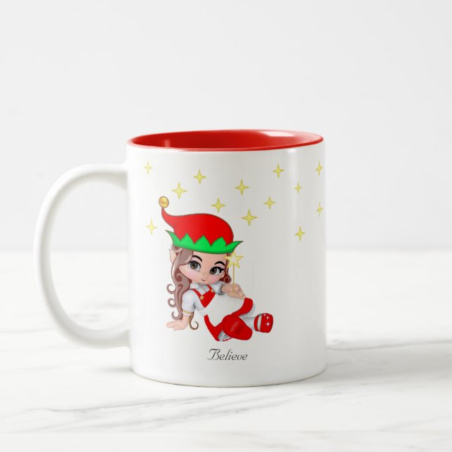 Tasse 2 Couleurs Fée de Noël habillée en rouge et étoiles (Gauche)
