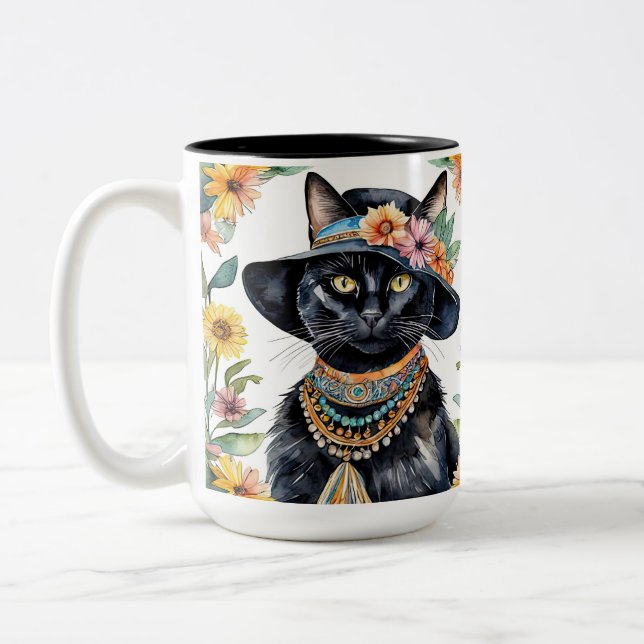 Tasse 2 Couleurs Feline avec fleurs 15 oz (Gauche)