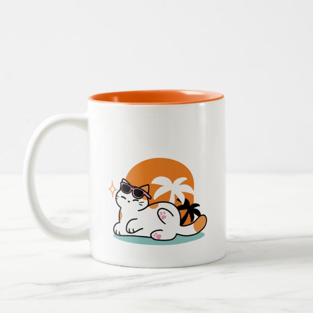 Tasse 2 Couleurs Feline fin au soleil - Chat Tropical relaxé (Gauche)